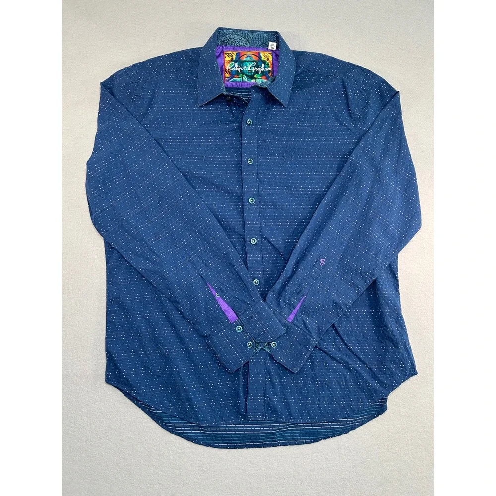 Robert Graham Button Down Shirt Mens XL Blue Dotted Classic Fit Long Sleeve